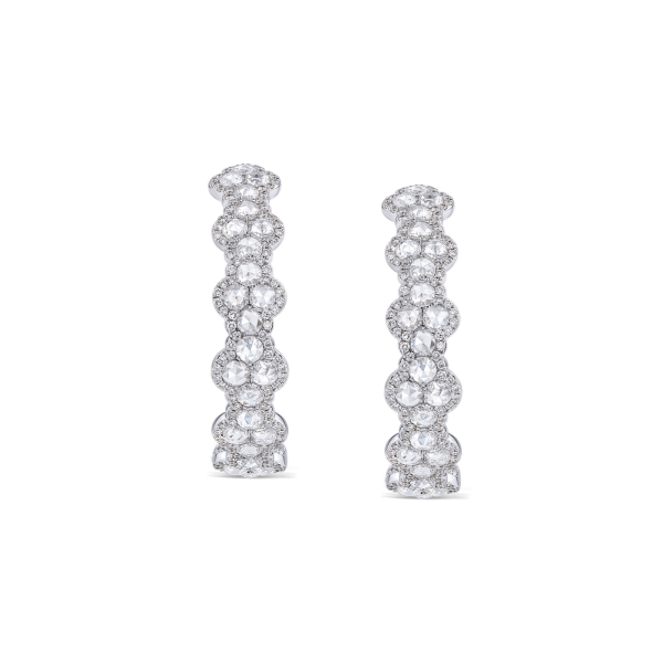 Rose Cut Diamond Hoop Earrings, featuring 5.00 carats of round rose cut diamonds and 420 full cut diamonds set in an eternal loop