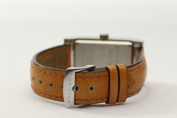 Bvlgari Rettangolo Ladies Stainless Steel Quartz Watch, on Bulgari tan brown leather strap