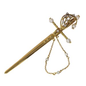 Vintage Gold Sword Scarf or Lapel Pin with Diamonds and Pearls