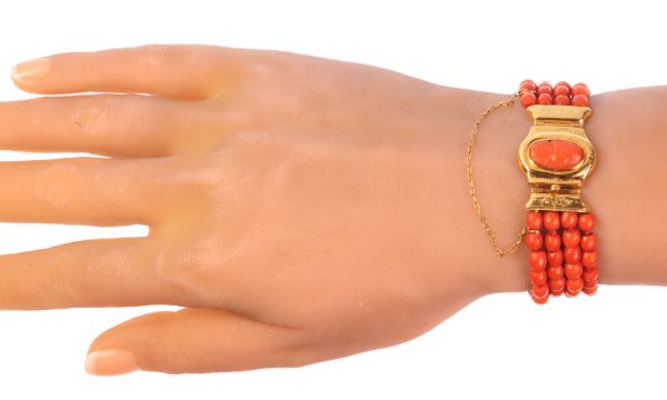 Antique Victorian Four String Coral Bracelet with Coral Cameo, 18ct Gold Closure