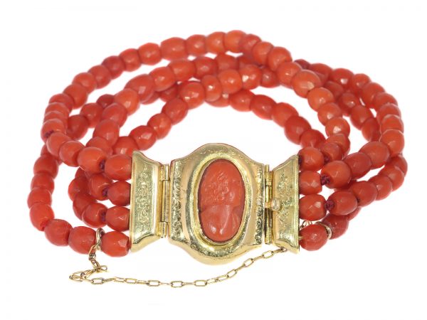 Antique Victorian Four String Coral Bracelet with Coral Cameo, 18ct Gold Closure
