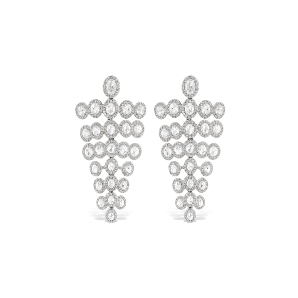 Rose Cut Diamond Chandelier Drop Earrings; featuring 7.18cts oval rose-cut diamonds surrounded by 2.09cts round brilliant cut diamonds, 9.27 carat total