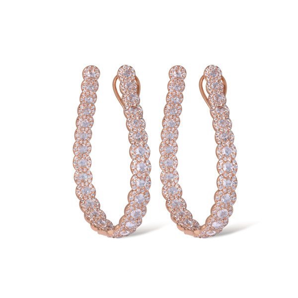 Rose Cut Diamond Hoop Earrings; featuring 5.56 carats of round rose cut diamonds in a loop surrounded by 456 brilliant-cut diamonds, in 18ct rose gold