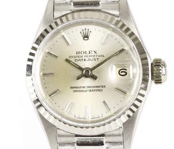 Rolex Vintage Lady Datejust 18ct White Gold Automatic Bracelet Watch; Model 6517, silver dial, with baton hour markers, date aperture at 3 o'clock, acrylic crystal, screw-down Rolex crown, on an 18ct white gold Rolex President bracelet, with a single deployment clasp, Circa 1960s