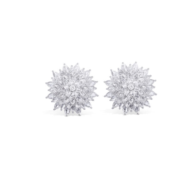 Rose Cut Diamond Dahlia Flower Cluster Earrings; studded with 2.93 carats of round and pear-shaped rose-cut diamonds, further embellished with 490 round brilliant diamonds