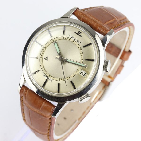 Vintage Jaeger LeCoultre Memovox Alarm 37mm Stainless Steel Automatic Watch, on a brown leather strap with Jaeger-LeCoultre steel pin buckle, Circa 1950s