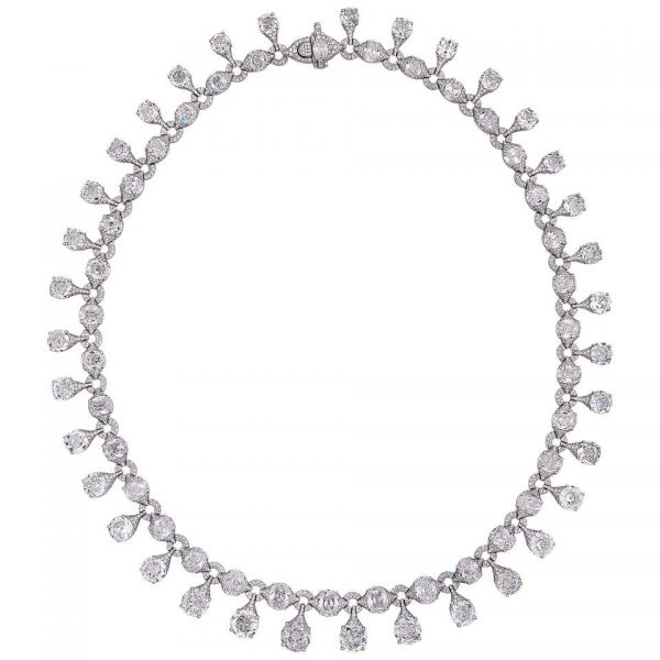 Old Mine Cut Diamond Fringe Necklace; set with 37.68cts old mine cut diamonds, accented by 3.32cts round brilliant-cut diamonds, 41.00 carat total, in 18ct white gold