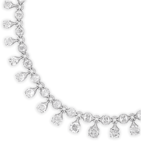 Old Mine Cut Diamond Fringe Necklace; set with 37.68cts old mine cut diamonds, accented by 3.32cts round brilliant-cut diamonds, 41.00 carat total, in 18ct white gold