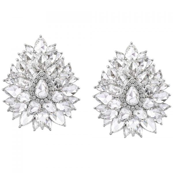 Rose Cut Diamond Cluster Earrings; set with pear-shaped rose-cut diamonds and round brilliant-cut diamonds, 14.28 carat total, E/F colour VS/VVS clarity