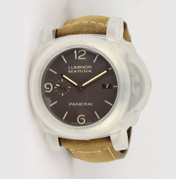 Panerai Luminor Marina Titanium 44mm Automatic; black dial, subsidiary seconds dial, date aperture at 3 o'clock, sapphire crystal glass, with luminous hands and Arabic/baton hour markers, on Panerai light brown leather strap with titanium buckle, with Panerai box and paperwork