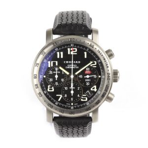 Chopard Mille Miglia Titanium 40mm Automatic Chronograph Gents Watch; Ref 8915, black dial, luminous Arabic numerals and hands, date aperture between 4 and 5 o'clock, chronograph sub dials, on a black rubber strap with titanium buckle