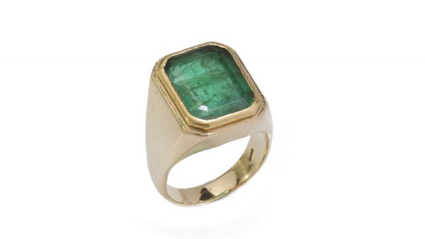 Vintage Emerald and 18ct Yellow Gold Signet Ring; featuring a 6.00 carat emerald-cut emerald. Circa 1950s-1970s