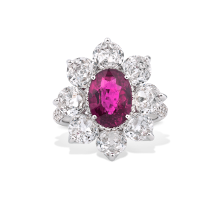 Burmese Ruby and Old Cut Diamond Floral Cluster Ring; central 3.69 carat Burmese ruby framed by 8 round old-cut diamonds, accented by 94 pave set diamonds. Total diamond weight 4.46cts