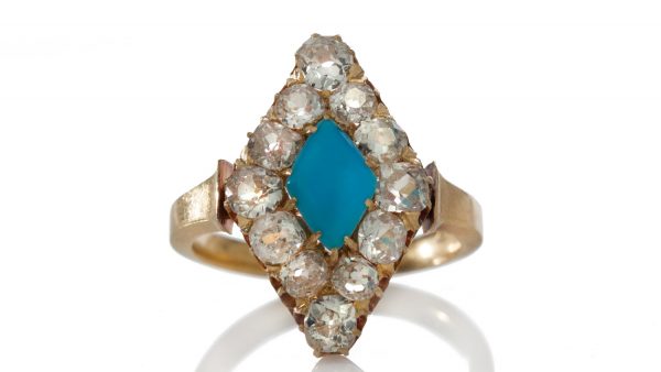 Antique Victorian Turquoise and Diamond Cluster Ring; diamond shaped 0.75ct turquoise surrounded by 2.00cts old cut diamonds, in 15ct yellow gold, Circa 1870s