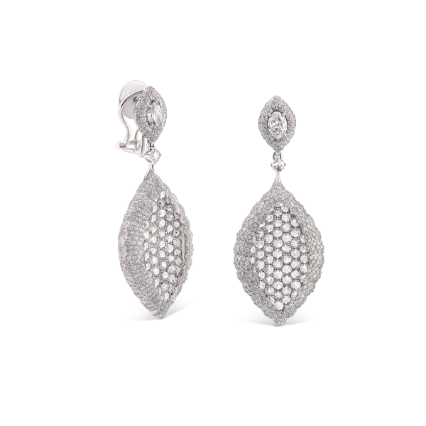 Rose Cut Diamond Cluster Drop Earrings, 5.80 carats, featuring the dazzling combination of rose-cut diamonds surrounded by round brilliant-cut diamonds