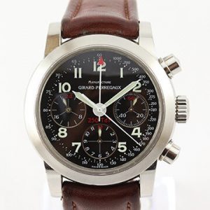 Girard Perregaux Ferrari 8090 Stainless Steel 40mm Automatic Chronograph Gents Watch; with black dial, chronograph and date functions and sapphire crystal, on a brown leather strap with steel buckle