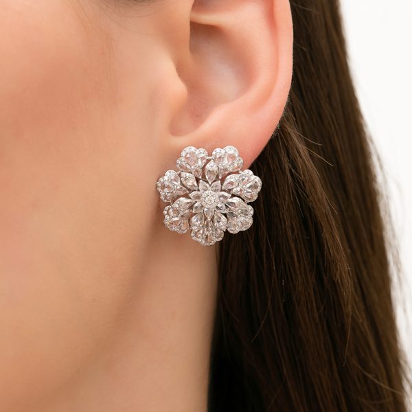 Rose Cut Diamond Floral Cluster Earrings, 4.29 carats