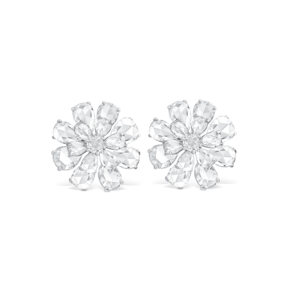Rose Cut Diamond Floral Cluster Stud Earrings; set with 8.17 carats of pear and high dome-shaped rose-cut diamonds, in 18ct white gold