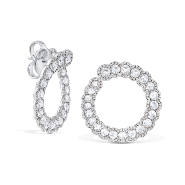 Rose Cut Diamond Hoop Earrings, 3.08 carats of round rose cut diamonds surrounded by 354 round brilliant-cut diamonds in a seemingly eternal spiral, in 18ct white gold
