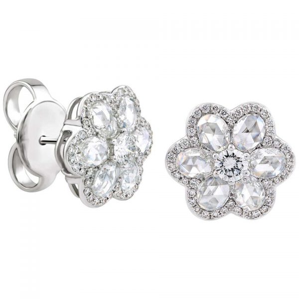 Rose Cut Diamond Daisy Blossom Flower Cluster Stud Earrings; combining 12 oval rose cuts with 86 round brilliant cut diamonds for extra sparkle, 1.75 carat total, in 18ct white gold