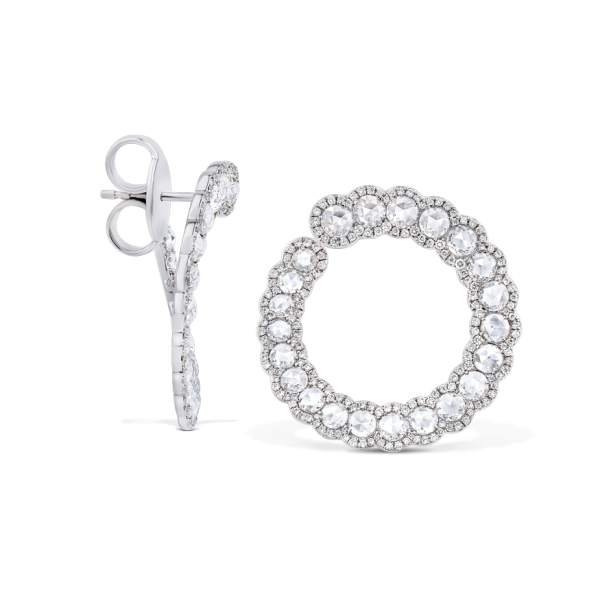 Rose Cut Diamond Hoop Earrings, 3.08 carats of round rose cut diamonds surrounded by 354 round brilliant-cut diamonds in a seemingly eternal spiral, in 18ct white gold