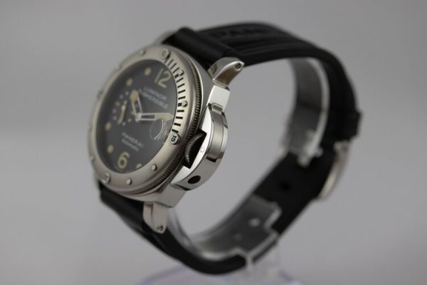 Panerai Luminor Submersible 44mm Steel Limited Edition Automatic Watch; one of 2500 watches, black dial with date function, small seconds sub-dial and has a rotating steel bezel, on a rubber strap with a steel buckle, with Panerai box and bezel protector