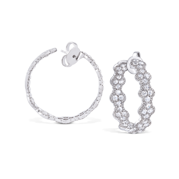 Rose Cut Diamond Hoop Earrings, featuring 5.00 carats of round rose cut diamonds and 420 full cut diamonds set in an eternal loop