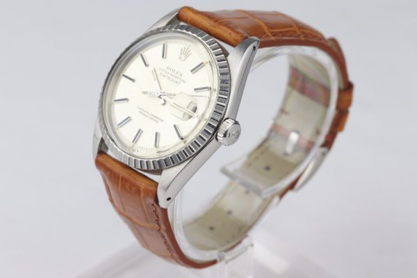 Vintage 1970s Gents Rolex Datejust 1603 Stainless Steel 36mm Automatic Watch, on brown leather strap with Rolex pin buckle