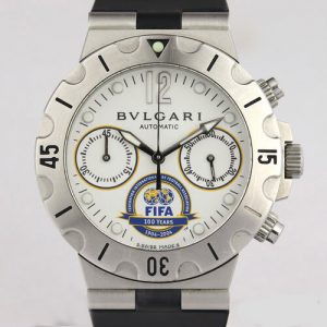 Bvlgari Diagono Fifa Limited Edition 38mm Steel Automatic Chronograph Watch, on Bulgari black hardened rubber strap with deployment buckle