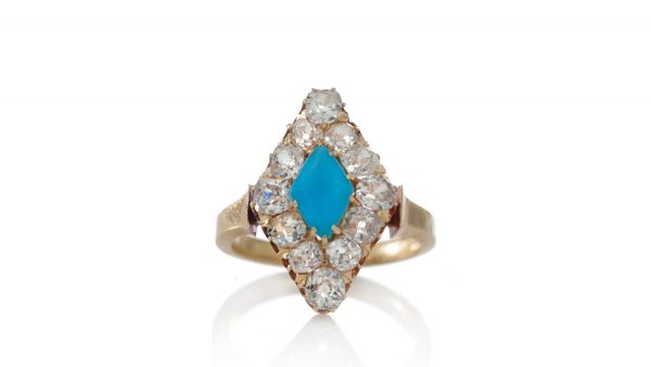 Antique Victorian Turquoise and Diamond Cluster Ring; diamond shaped 0.75ct turquoise surrounded by 2.00cts old cut diamonds, in 15ct yellow gold, Circa 1870s