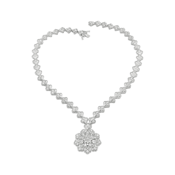 Statement Rose Cut Diamond Necklace with Cluster Pendant; encrusted with 18.86 carats rose-cut and round brilliant-cut diamonds in floral motifs, G/H colour and VS clarity, handmade and crafted in 18ct white gold