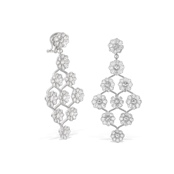 Rose Cut Diamond Floral Cluster Drop Earrings; featuring 11.52 carats of round and pear-shaped rose-cut diamonds accented with 247 round brilliant-cut diamonds, all choreographed into an orchid of cascading roses