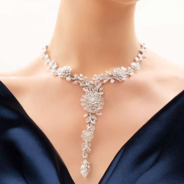 Opulent Diamond Floral Cluster Necklace, 48.44 carat total