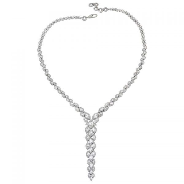 Contemporary Rose Cut Diamond Long Drop Necklace; set with oval rose-cut round brilliant-cut diamonds, 16.34 carat total, in 18ct white gold