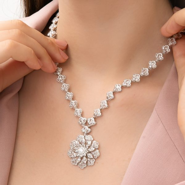 Statement Rose Cut Diamond Necklace with Cluster Pendant, 18.86 carats
