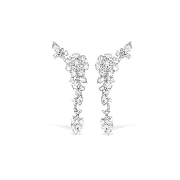 Rose Cut Diamond Floral Cluster Drop Earrings; set with 10.62cts oval and pear-shaped rose-cut diamonds, captures the awe of flowers in glorious bloom, in 18ct white gold