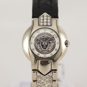 Versace Ladies 18ct White Gold Watch with Original Factory Diamonds; 24mm case with silver dial, quartz movement, original factory-set diamond hour markers, diamond and black leather bracelet strap