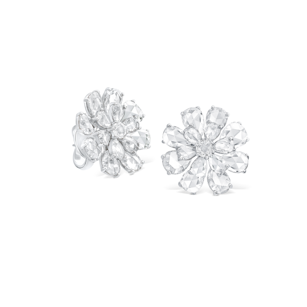 Rose Cut Diamond Floral Cluster Stud Earrings; set with 8.17 carats of pear and high dome-shaped rose-cut diamonds, in 18ct white gold