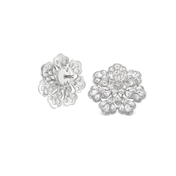Rose Cut Diamond Floral Cluster Earrings; set with 4.29 carats of exclusive pear-shaped rose-cut diamonds. Crafted in 18ct white gold.