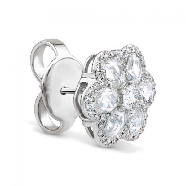 Rose Cut Diamond Daisy Blossom Flower Cluster Stud Earrings, 1.75 carat total, in 18ct white gold