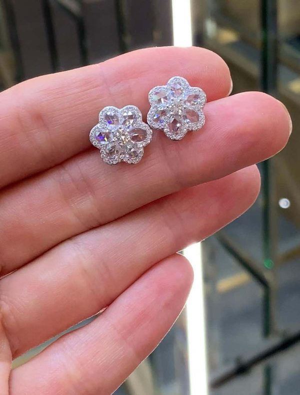 Rose Cut Diamond Daisy Blossom Flower Cluster Stud Earrings, 1.75 carats