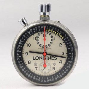 Longines Vintage 8350 Manual Chronograph Stainless Steel Stopwatch, 1/10 Spilt Second, silvered dial with black Arabic numerals, 66.5mm outer rear case screwed with the inner push fit, Signed, Circa 1960s