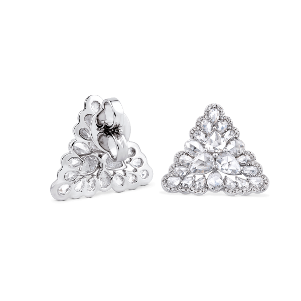 Rose Cut Diamond Triangular Petal Stud Earrings; set with 3.81 carats pear-shaped rose-cut diamonds accented by 150 micro-pave set round brilliant-cut diamonds, in 18ct white gold