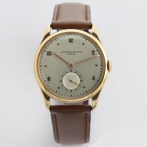 Vacheron Constantin Vintage 1950s Manual 18ct Rose Gold Gents Watch; 35mm 18ct rose gold case with silver dial, Arabic numerals, small seconds and acrylic crystal, on a brown leather strap