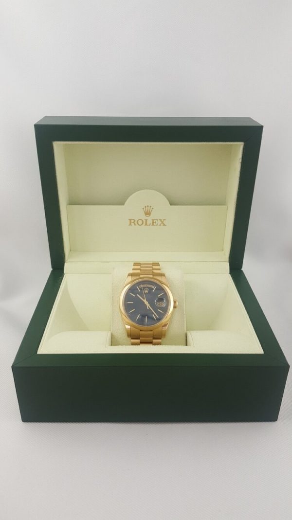 Rolex Day Date 118208 18ct Yellow Gold 36mm Automatic Watch on an 18ct yellow gold President bracelet. Circa 2000-2001, in mint condition, comes with Rolex box