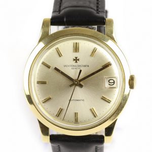Vacheron Constantin 18ct Yellow Gold 35mm Automatic Gents Watch; champagne dial with gold baton hour markers and date aperture at 3, on a black leather strap