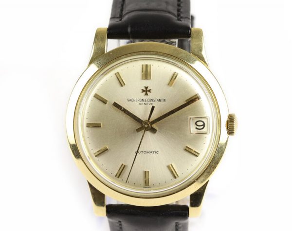 Vacheron Constantin 18ct Yellow Gold 35mm Automatic Gents Watch; champagne dial with gold baton hour markers and date aperture at 3, on a black leather strap