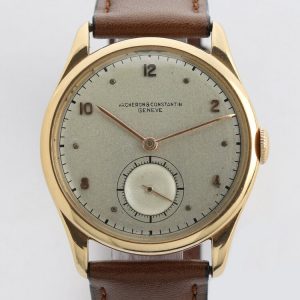 Vacheron Constantin Vintage 1950s Manual 18ct Rose Gold Gents Watch; 35mm 18ct rose gold case with silver dial, Arabic numerals, small seconds and acrylic crystal, on a brown leather strap