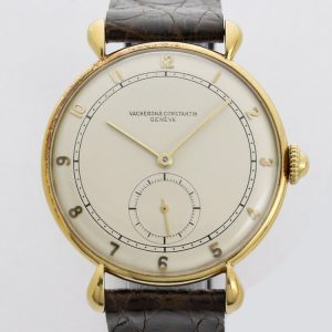 Vacheron Constantin Vintage 1950s Manual 18ct Yellow Gold Watch; 36mm gold case with white dial, Arabic numerals, small seconds and acrylic crystal, on a Vacheron Constantin brown leather strap with gold buckle