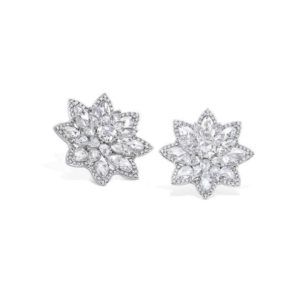 Rose Cut Diamond Daisy Flower Cluster Stud Earrings; set with 5.41 carats of round and pear-shaped rose-cut diamonds accented with round brilliant-cut diamonds